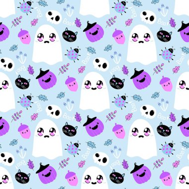 Cadılar Bayramı hayaletleri kağıt, kumaş, çarşaf ve çocuk giysileri baskısı, ambalaj ve şenlikli aksesuarlar için kusursuz çizgi film desenleri. Yüksek kaliteli illüstrasyon