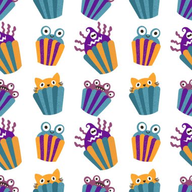 Cadılar Bayramı şekersiz kek desenleri kağıt, kumaş, çarşaf ve çocuk giysileri baskısı ve sonbahar partisi aksesuarları ve mutfak tekstili için. Yüksek kaliteli illüstrasyon