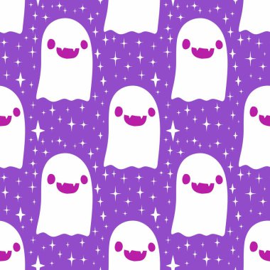 Cadılar Bayramı hayaletleri kağıt, kumaş, çarşaf ve çocuk giysileri baskısı, ambalaj ve şenlikli aksesuarlar için kusursuz çizgi film desenleri. Yüksek kaliteli illüstrasyon