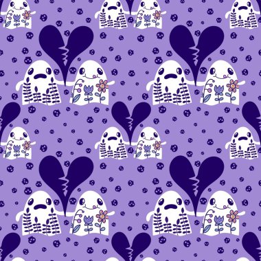 Cadılar Bayramı hayaletleri kağıt, kumaş, çarşaf ve çocuk giysileri baskısı, ambalaj ve şenlikli aksesuarlar için kusursuz çizgi film desenleri. Yüksek kaliteli illüstrasyon