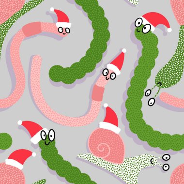 Noel hayvanlarının dikişsiz solucanları ve Noel Baba şapkası desenleri keten kumaşlar ve çocuk giysileri baskısı ve yeni yıl partisi aksesuarları ve kış ambalajları. Yüksek kaliteli illüstrasyon