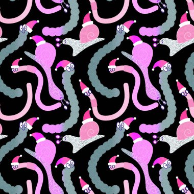 Noel hayvanlarının dikişsiz solucanları ve Noel Baba şapkası desenleri keten kumaşlar ve çocuk giysileri baskısı ve yeni yıl partisi aksesuarları ve kış ambalajları. Yüksek kaliteli illüstrasyon