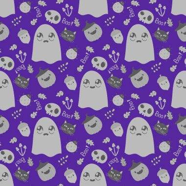 Cadılar Bayramı hayaletleri kağıt, kumaş, çarşaf ve çocuk giysileri baskısı, ambalaj ve şenlikli aksesuarlar için kusursuz çizgi film desenleri. Yüksek kaliteli illüstrasyon