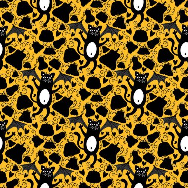 Cadılar Bayramı hayvanları kağıt, kumaş, çarşaf ve çocuk kıyafetleri ve parti aksesuarları için kusursuz kedi desenleri. Yüksek kaliteli illüstrasyon