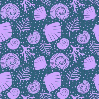 Okyanussuz deniz kabuğu ve ambalaj kağıdı için mercan deseni ve çocuk giysileri, tekstil ürünleri ve yaz partisi aksesuarları. Yüksek kaliteli illüstrasyon