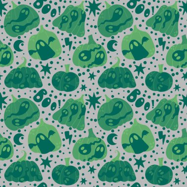 Cadılar Bayramı hayaletleri kağıt, kumaş, çarşaf ve çocuk giysileri baskısı, ambalaj ve şenlikli aksesuarlar için kusursuz çizgi film desenleri. Yüksek kaliteli illüstrasyon