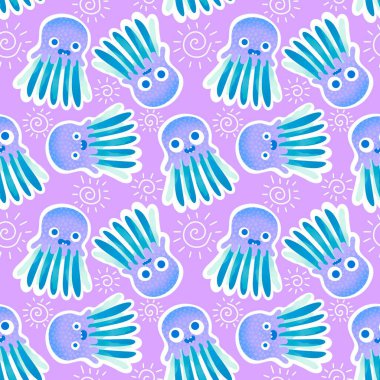 Yaz hayvanları ambalajsız ahtapot desenli ambalaj kağıdı ve çocuk kıyafetleri kumaşlar ve çarşaflar ve mayo tekstili ve menü kağıdı. Yüksek kaliteli illüstrasyon