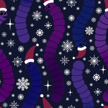 Noel hayvanlarının dikişsiz solucanları ve Noel Baba şapkası desenleri keten kumaşlar ve çocuk giysileri baskısı ve yeni yıl partisi aksesuarları ve kış ambalajları. Yüksek kaliteli illüstrasyon