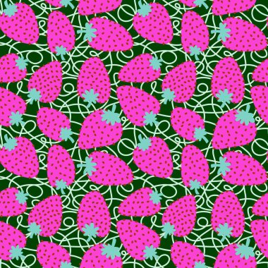 Kağıt, kumaş, çarşaf ve çocuk giysileri, elbise baskısı, parti aksesuarları ve moda tekstili için yaz meyvesiz çilek deseni. Yüksek kaliteli illüstrasyon