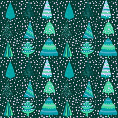 Noel ağacı ambalaj kağıtları, kumaşlar, çarşaflar ve çocuk giysileri baskısı ve Noel partisi aksesuarları ve moda tekstili için kusursuz yeni yıl deseni.