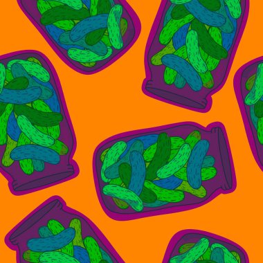 Kağıt, kumaş, çarşaf ve çocuk giysileri baskısı, moda tekstil ürünleri ve sonbahar partisi aksesuarları için yaz sebzesiz salatalık deseni. Yüksek kaliteli illüstrasyon