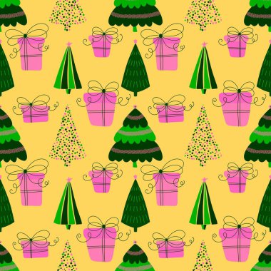 Noel ağacı ambalaj kağıtları, kumaşlar, çarşaflar ve çocuk giysileri baskısı ve Noel partisi aksesuarları ve moda tekstili için kusursuz yeni yıl deseni.