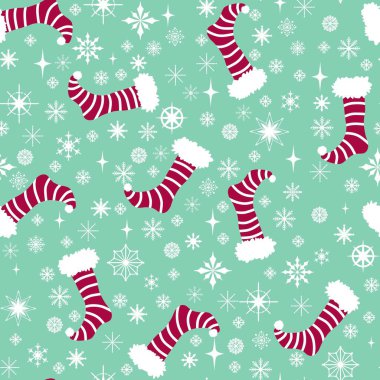 Noel Baba çorap desenli ambalaj kâğıdı, kumaş, çarşaf, çocuk giysisi baskısı, yeni yıl partisi aksesuarları ve Noel ambalajı. Yüksek kaliteli illüstrasyon