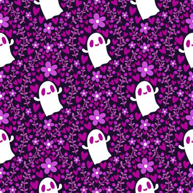 Cadılar Bayramı hayaletleri kağıt, kumaş, çarşaf ve çocuk giysileri baskısı, ambalaj ve şenlikli aksesuarlar için kusursuz çizgi film desenleri. Yüksek kaliteli illüstrasyon