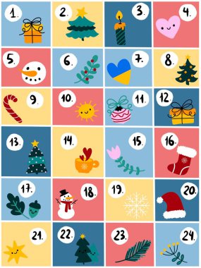 Yılbaşı takvimi için yeni yıl paketleme, paketleme ve çocuklar için hediye paketi çıkartmaları.