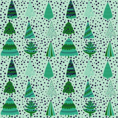 Noel ağacı ambalaj kağıtları, kumaşlar, çarşaflar ve çocuk giysileri baskısı ve Noel partisi aksesuarları ve moda tekstili için kusursuz yeni yıl deseni.