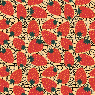 Kağıt, kumaş, çarşaf ve çocuk giysileri, elbise baskısı, parti aksesuarları ve moda tekstili için yaz meyvesiz çilek deseni. Yüksek kaliteli illüstrasyon