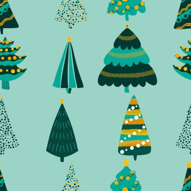 Noel ağacı ambalaj kağıtları, kumaşlar, çarşaflar ve çocuk giysileri baskısı ve Noel partisi aksesuarları ve moda tekstili için kusursuz yeni yıl deseni.