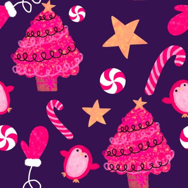 Noel ağacı, kağıt, kumaş, çarşaf, çocuk giysisi baskısı ve yeni yıl partisi aksesuarları için kusursuz kış oyuncakları deseni. Yüksek kaliteli illüstrasyon