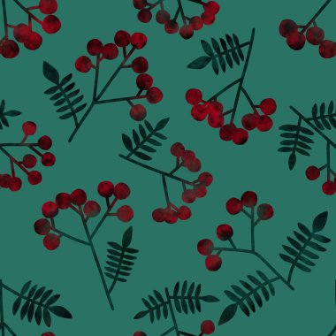 Güz çiçekleri ve böğürtlenler kağıt, kumaş, çarşaf ve çocuk giysileri, kıyafet baskısı ve kış partisi aksesuarları ve moda tekstili için dikişsiz rowanberry deseni.