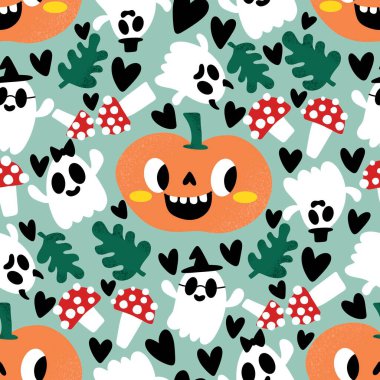 Cadılar Bayramı balkabakları kağıt, kumaş, çarşaf, çocuk giysisi baskısı, şenlik ambalajı ve sonbahar partisi aksesuarları için kusursuz canavar desenleri. Yüksek kaliteli illüstrasyon