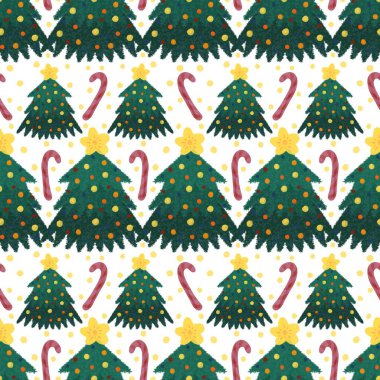 Noel ağacı ambalaj kağıtları, kumaşlar, çarşaflar, çocuk giysileri baskısı, yeni yıl ambalajları ve Noel partisi aksesuarları için kusursuz bir kış deseni. Yüksek kaliteli illüstrasyon