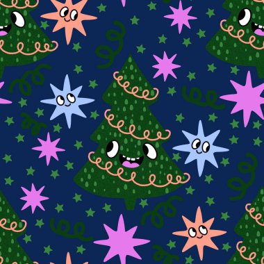 Noel ağacı, kağıt, kumaş, çarşaf, çocuk giysisi baskısı ve yeni yıl partisi aksesuarları için kusursuz kış oyuncakları deseni. Yüksek kaliteli illüstrasyon