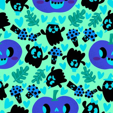 Cadılar Bayramı balkabakları kağıt, kumaş, çarşaf, çocuk giysisi baskısı, şenlik ambalajı ve sonbahar partisi aksesuarları için kusursuz canavar desenleri. Yüksek kaliteli illüstrasyon