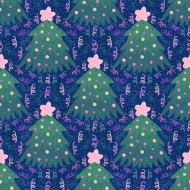 Noel ağacı ambalaj kağıtları, kumaşlar, çarşaflar, çocuk giysileri baskısı, yeni yıl ambalajları ve Noel partisi aksesuarları için kusursuz bir kış deseni. Yüksek kaliteli illüstrasyon