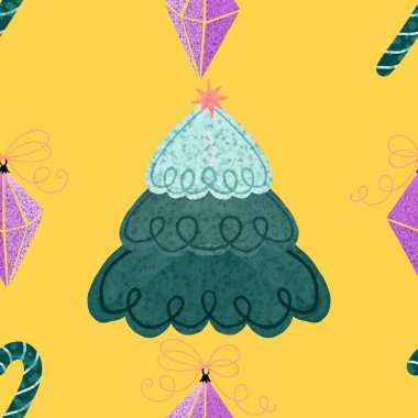 Noel ağacı, ambalaj kağıdı, kumaş, çarşaf, yeni yıl ambalajı, çocuk giysileri baskısı ve Noel partisi aksesuarları için pürüzsüz kurdele deseni. Yüksek kalite fotoğraf