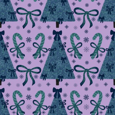 Noel ağacı, ambalaj kağıdı, kumaş, çarşaf, yeni yıl ambalajı, çocuk giysileri baskısı ve Noel partisi aksesuarları için pürüzsüz kurdele deseni. Yüksek kalite fotoğraf