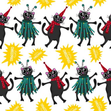 Noel partisinin modası, kağıt, kumaş, çarşaf, çocuk giysisi baskısı, mutfak aksesuarları ve moda tekstili için kusursuz kedi desenleri. Yüksek kaliteli illüstrasyon