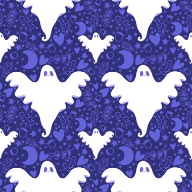 Cadılar Bayramı hayaletleri kağıt, kumaş, çarşaf ve çocuk giysileri baskısı, ambalaj ve şenlikli aksesuarlar için kusursuz çizgi film desenleri. Yüksek kaliteli illüstrasyon