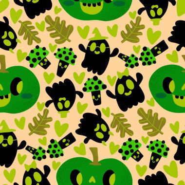 Cadılar Bayramı balkabakları kağıt, kumaş, çarşaf, çocuk giysisi baskısı, şenlik ambalajı ve sonbahar partisi aksesuarları için kusursuz canavar desenleri. Yüksek kaliteli illüstrasyon