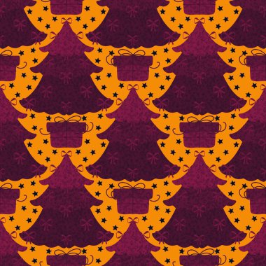 Noel ağacı, ambalaj kağıdı, kumaş, çarşaf, yeni yıl ambalajı, çocuk giysileri baskısı ve Noel partisi aksesuarları için pürüzsüz kurdele deseni. Yüksek kalite fotoğraf