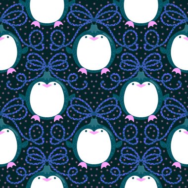 Noel hayvanları kağıt, kumaş, çarşaf, çocuk giysisi baskısı, yeni yıl ambalajı ve Noel kış ambalajı için kusursuz penguen desenleri. Yüksek kaliteli illüstrasyon