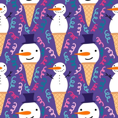 Kumaşlar, tekstil ve ambalajlar, hediyeler, kartlar, çarşaflar ve çocuklar için kusursuz kardan adam deseni.