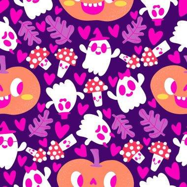 Cadılar Bayramı balkabakları kağıt, kumaş, çarşaf, çocuk giysisi baskısı, şenlik ambalajı ve sonbahar partisi aksesuarları için kusursuz canavar desenleri. Yüksek kaliteli illüstrasyon