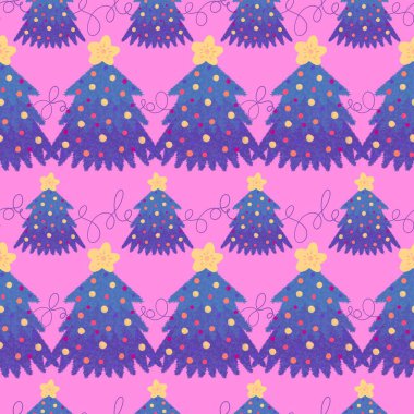 Noel ağacı ambalaj kağıtları, kumaşlar, çarşaflar, çocuk giysileri baskısı, yeni yıl ambalajları ve Noel partisi aksesuarları için kusursuz bir kış deseni. Yüksek kaliteli illüstrasyon