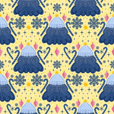 Noel ağacı, ambalaj kağıdı, kumaş, çarşaf, yeni yıl ambalajı, çocuk giysileri baskısı ve Noel partisi aksesuarları için pürüzsüz kurdele deseni. Yüksek kalite fotoğraf