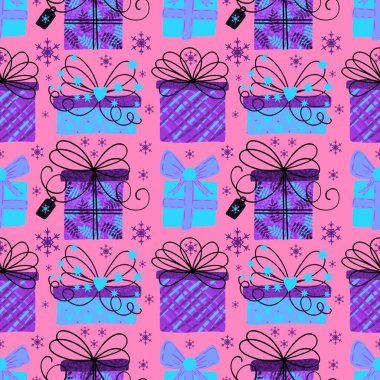 Noel hediyesi paketleri, kumaşlar, çarşaflar, doğum günü paketleri, parti aksesuarları ve çocuk kıyafetleri baskıları için kusursuz kış desenleri. Yüksek kaliteli illüstrasyon