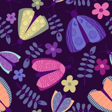 Yaz hayvanları kağıt, kumaş, çarşaf ve çocuk giysileri ve parti aksesuarları için kusursuz güve ve ve kelebek desenleri. Yüksek kaliteli illüstrasyon