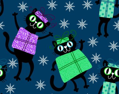 Noel hayvanları kağıt, kumaş, çocuk giysisi baskısı, kış ambalajı ve Noel moda tekstili için kusursuz kediler desenlidir. Yüksek kaliteli illüstrasyon