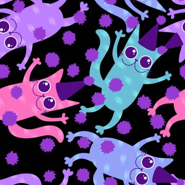 Doğum günü partisi hayvanları kağıt, kumaş, çocuk giysisi baskısı, parti ambalajı ve moda tekstili için kusursuz kedi desenleri. Yüksek kaliteli illüstrasyon