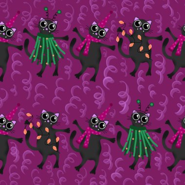 Noel partisinin modası, kağıt, kumaş, çarşaf, çocuk giysisi baskısı, mutfak aksesuarları ve moda tekstili için kusursuz kedi desenleri. Yüksek kaliteli illüstrasyon