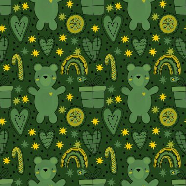 Noel hayvanları ambalaj kağıdı, kumaş, çocuk giysisi baskısı, kış ambalajı ve Noel moda tekstili için kusursuz ayı desenleri. Yüksek kalite fotoğraf