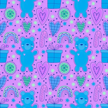 Noel hayvanları ambalaj kağıdı, kumaş, çocuk giysisi baskısı, kış ambalajı ve Noel moda tekstili için kusursuz ayı desenleri. Yüksek kalite fotoğraf