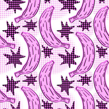 Moda tekstil ürünleri, ambalaj kağıtları, kumaşlar, çarşaflar, çocuk giysileri ve parti aksesuarları için yaz meyvesiz muz deseni. Yüksek kaliteli illüstrasyon