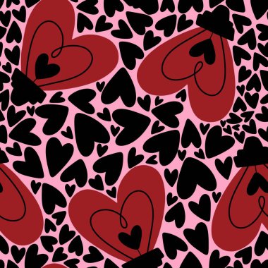 Sevgililer Günü aşkının kalpleri pürüzsüzdür. 14 Şubat 'ta ambalajlar, kumaşlar, çocuk giysileri, kıyafet baskıları, kış partisi aksesuarları ve moda tekstili için aydınlatma desenleri.