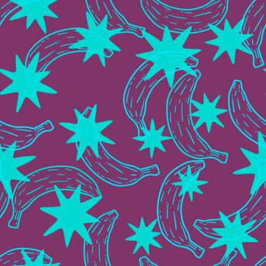 Moda tekstil ürünleri, ambalaj kağıtları, kumaşlar, çarşaflar, çocuk giysileri ve parti aksesuarları için yaz meyvesiz muz deseni. Yüksek kaliteli illüstrasyon